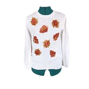 Vtg 80s Victoria Harbour White Crewneck Sweater Leaves Fall Sequin Studded Sz S